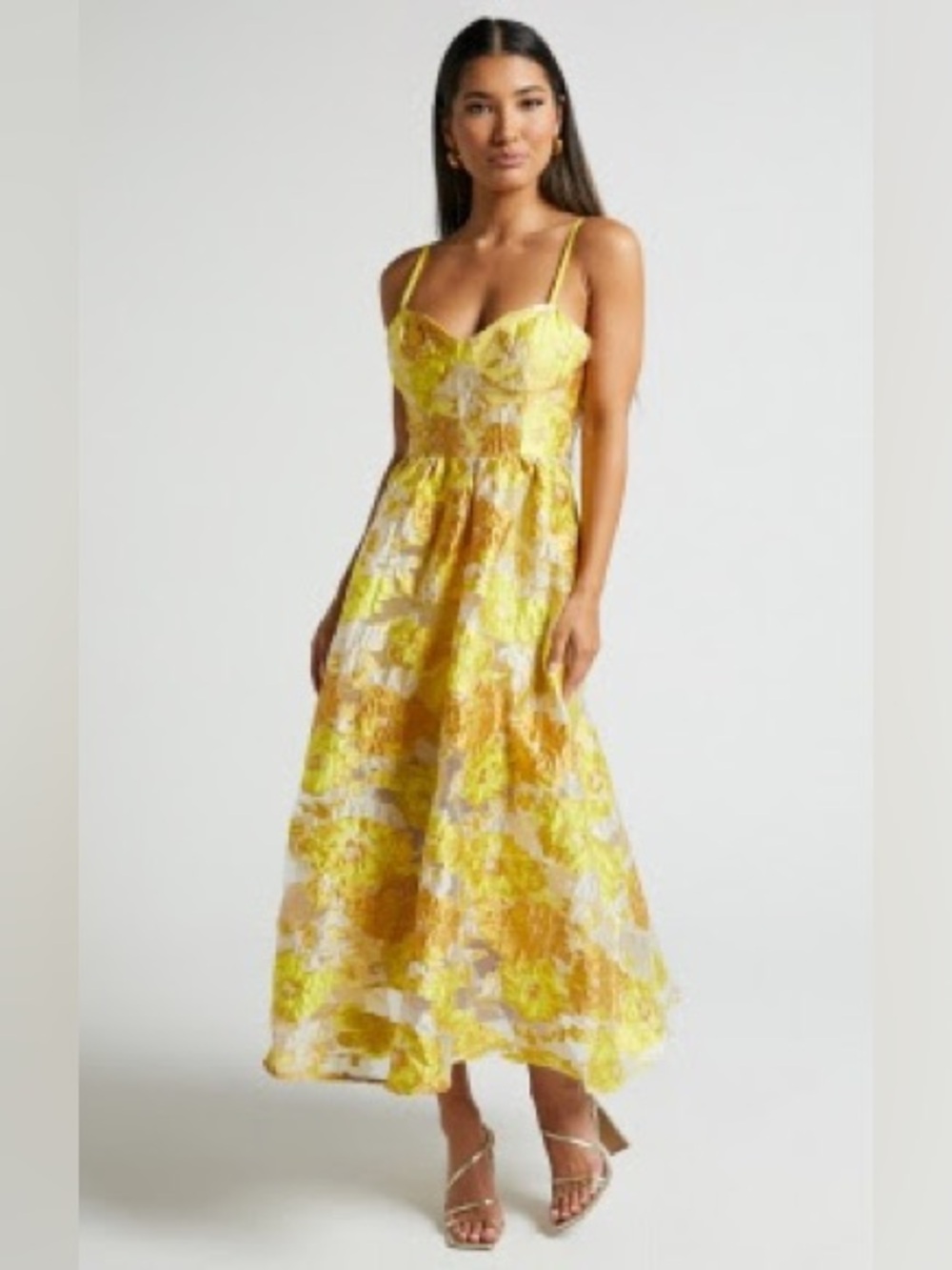 Yellow Floral Midi Dress with Spaghetti Straps